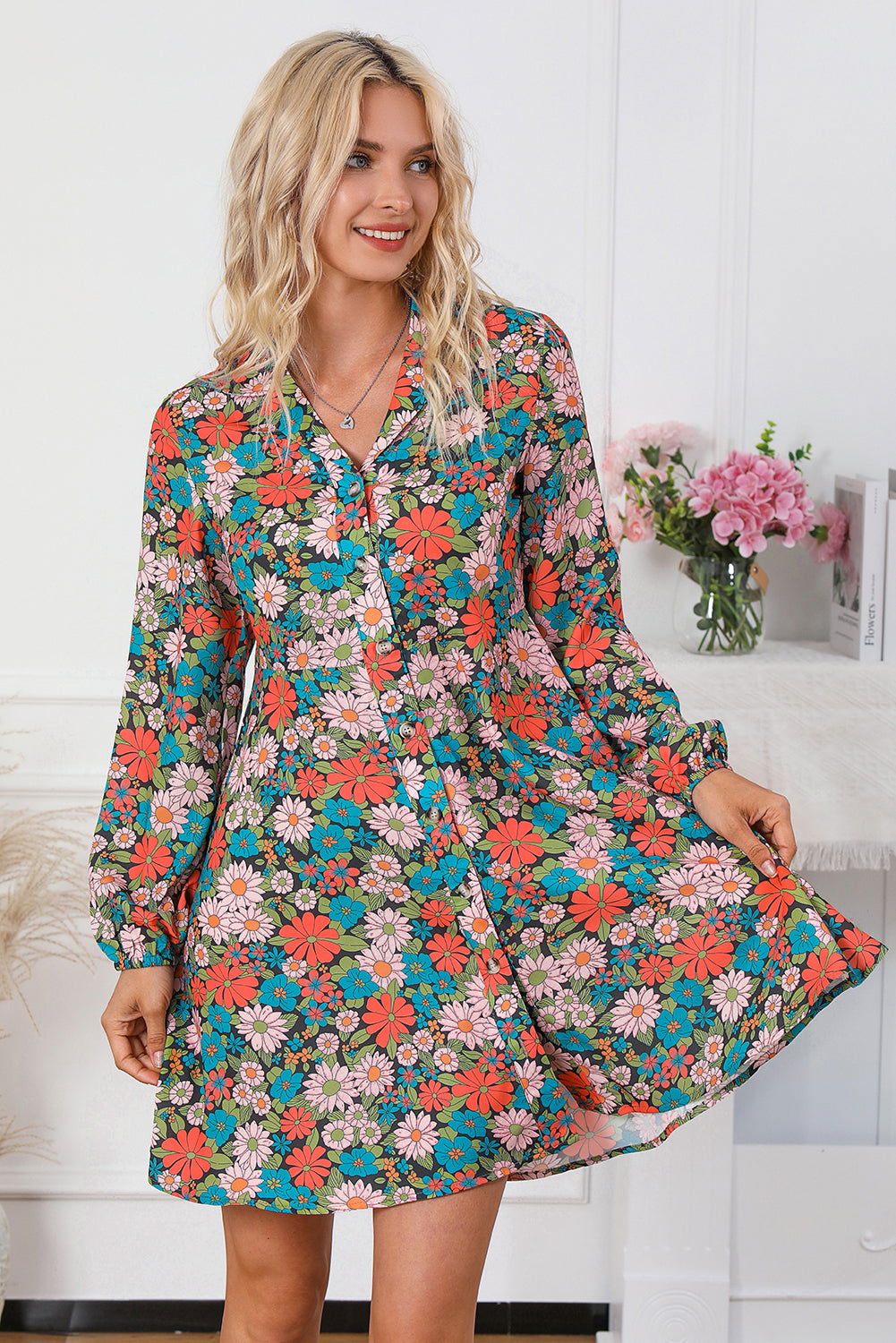 Multicolour Vibrant Floral Print Lapel Collar Button Closure Shirt Dress - Vesteeto