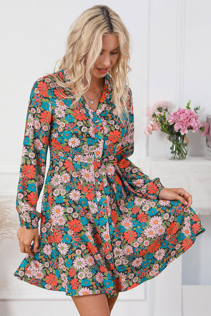 Multicolour Vibrant Floral Print Lapel Collar Button Closure Shirt Dress - Vesteeto