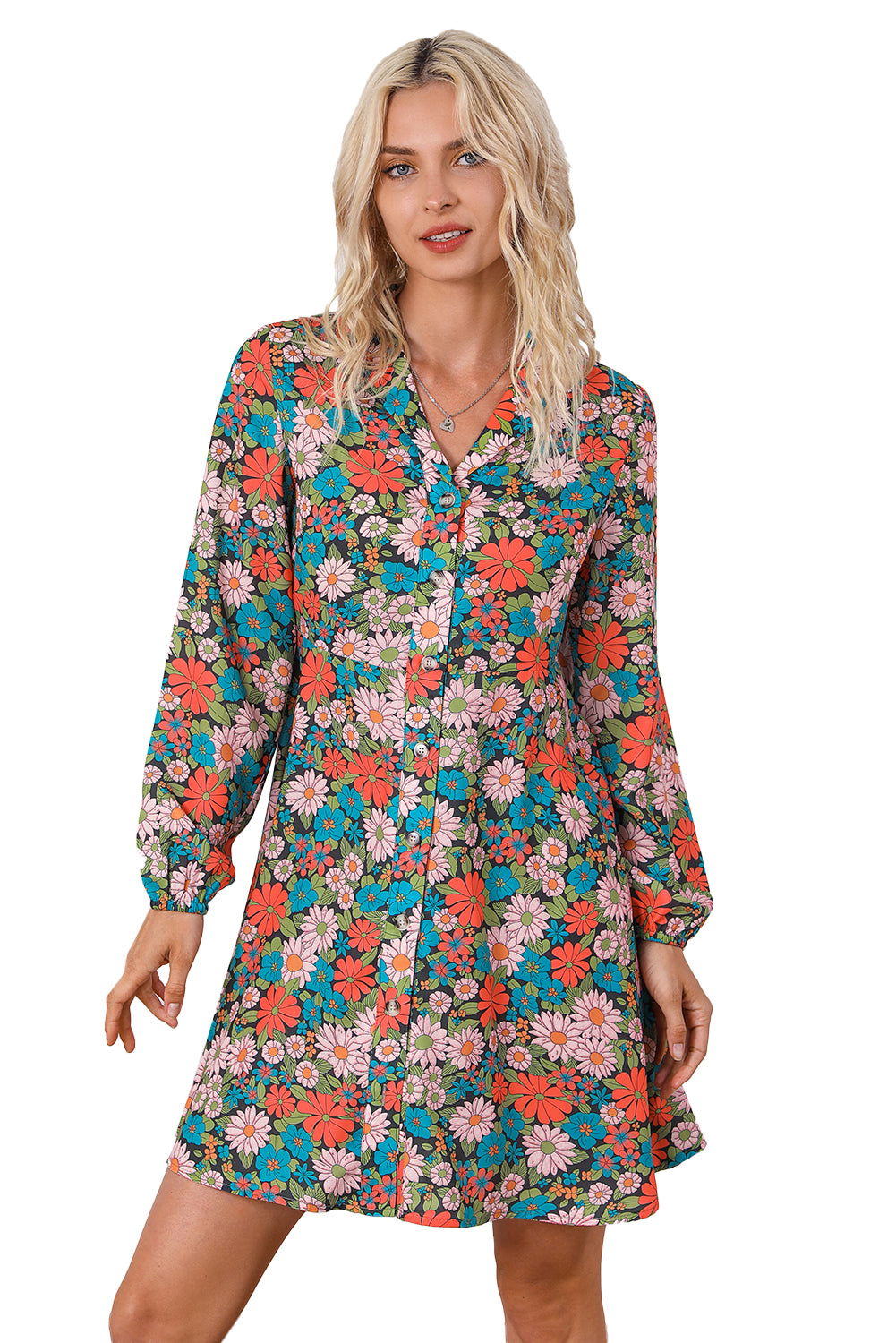 Multicolour Vibrant Floral Print Lapel Collar Button Closure Shirt Dress - Vesteeto