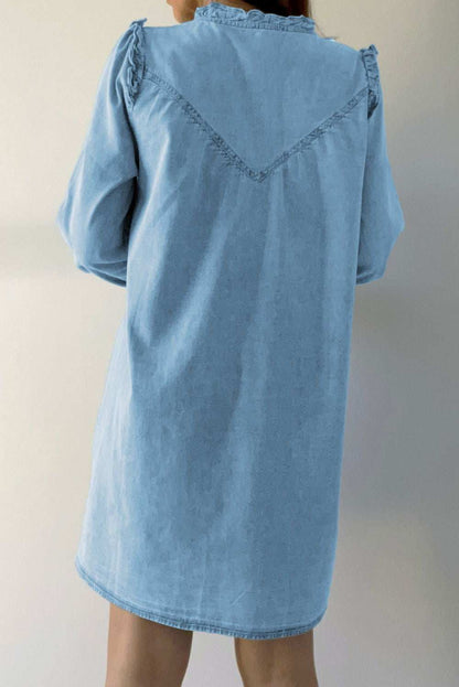 Myosotis Frill V Neck Buttoned Denim Dress - Vesteeto