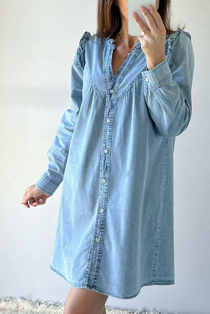 Myosotis Frill V Neck Buttoned Denim Dress - Vesteeto