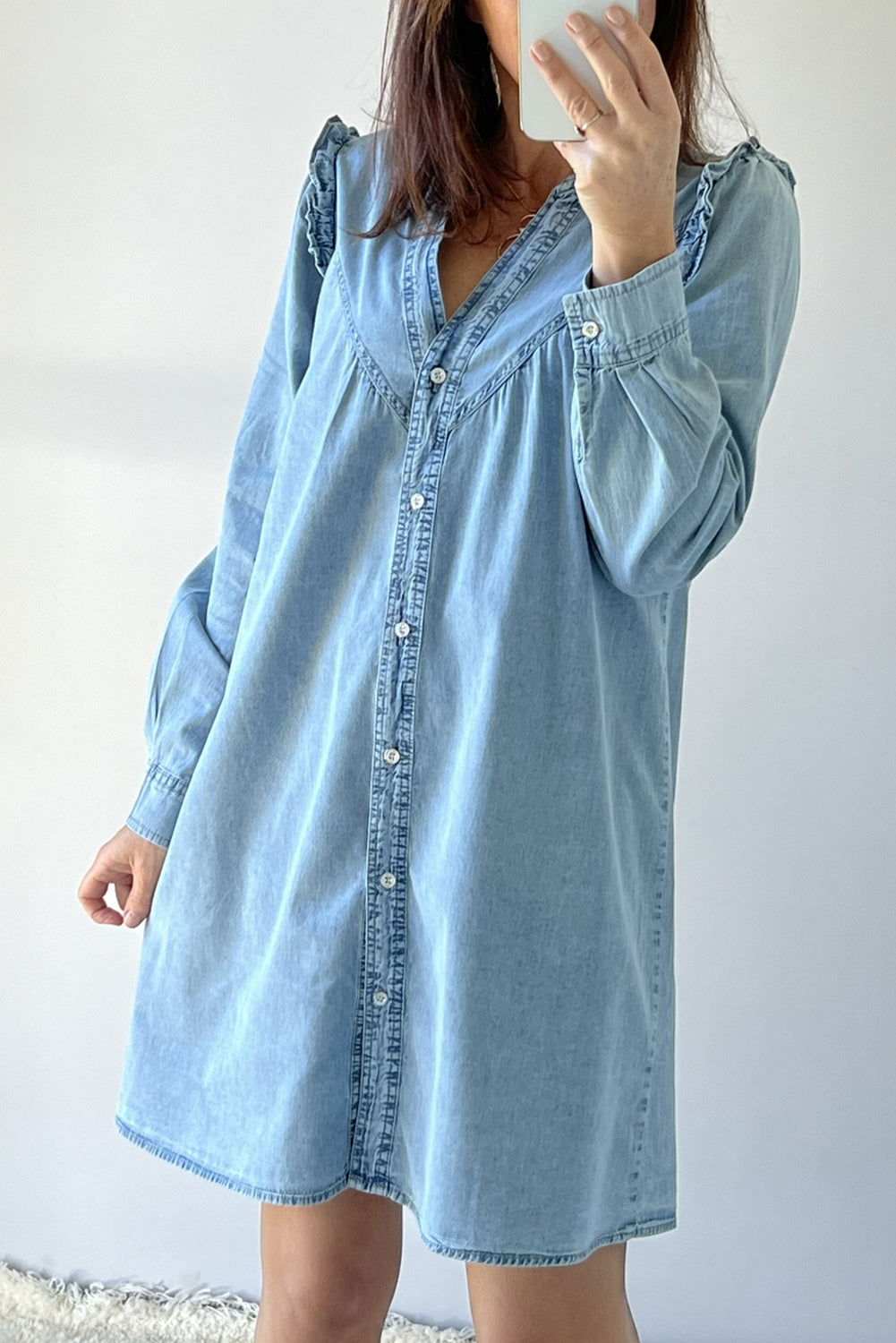 Myosotis Frill V Neck Buttoned Denim Dress - Vesteeto