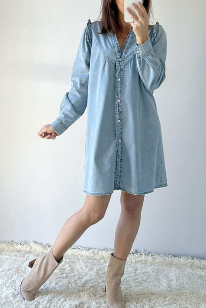 Myosotis Frill V Neck Buttoned Denim Dress - Vesteeto