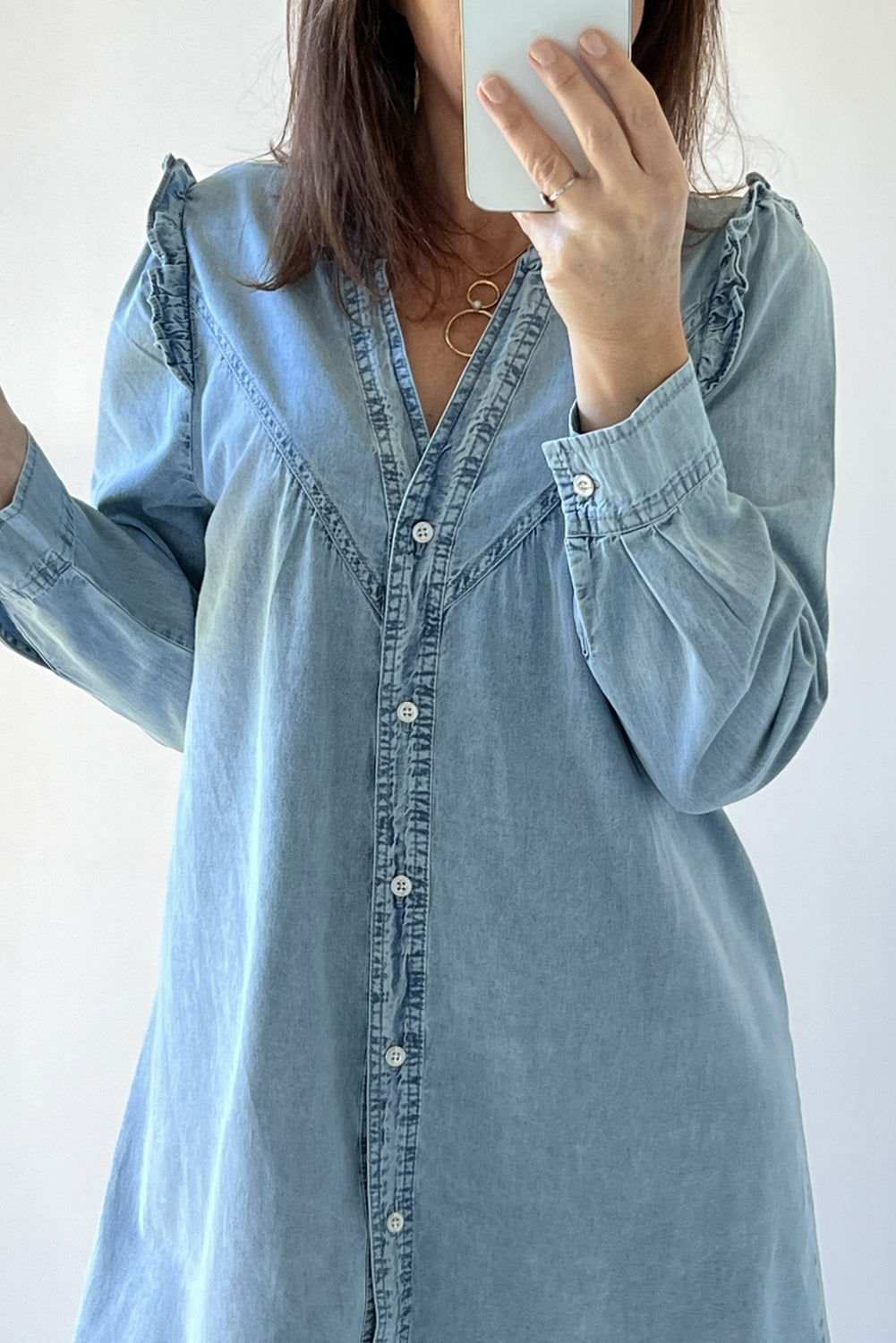 Myosotis Frill V Neck Buttoned Denim Dress - Vesteeto