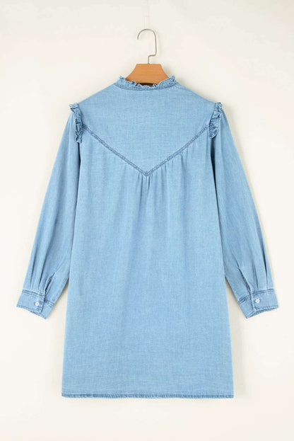 Myosotis Frill V Neck Buttoned Denim Dress - Vesteeto