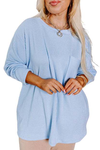 Myosotis Plus Size Ribbed Textured Pocketed Long Sleeve Top - Vesteeto