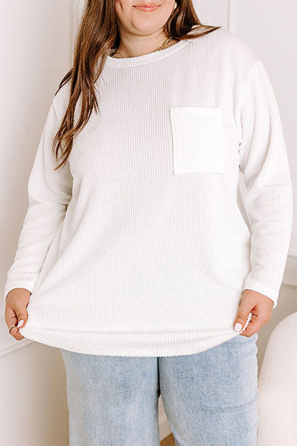 Myosotis Plus Size Ribbed Textured Pocketed Long Sleeve Top - Vesteeto