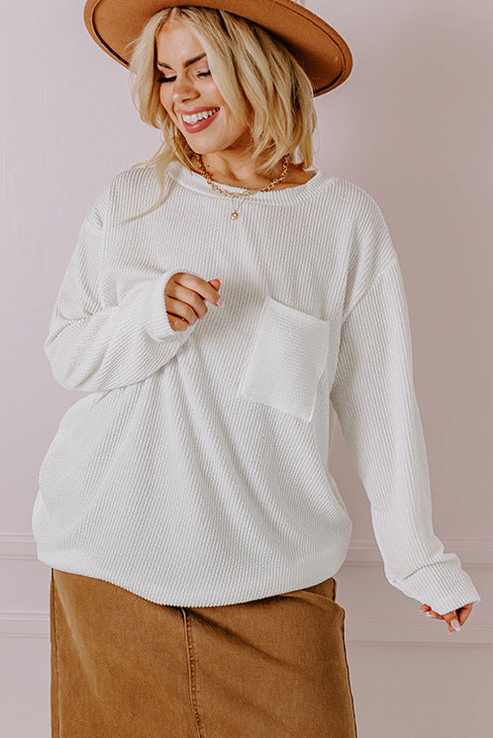 Myosotis Plus Size Ribbed Textured Pocketed Long Sleeve Top - Vesteeto