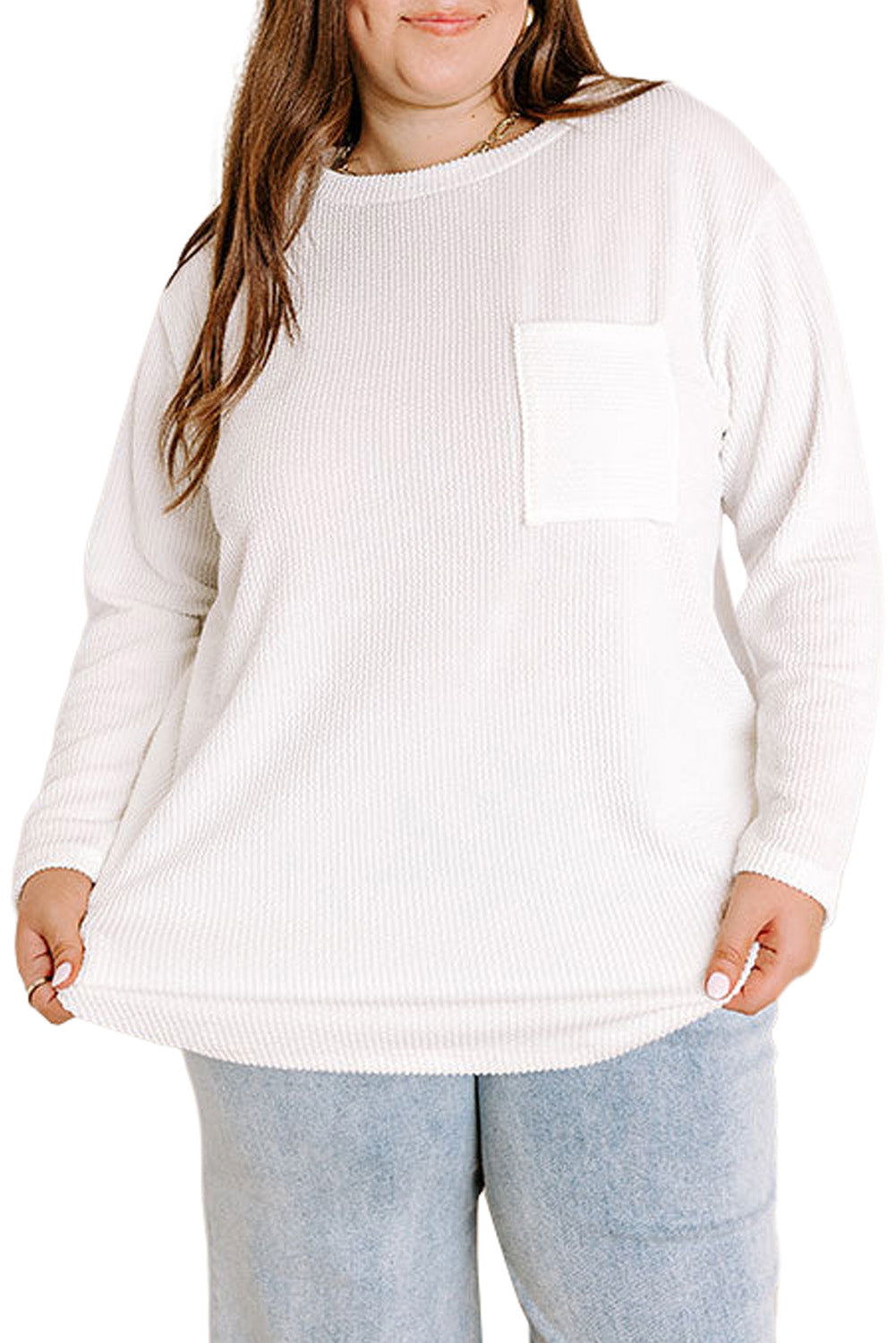 Myosotis Plus Size Ribbed Textured Pocketed Long Sleeve Top - Vesteeto