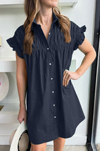 Navy Blue Pleated Ruffle Sleeve Button-up Mini Dress - Vesteeto