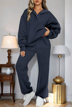 Navy Blue Solid Color Collared Sweatshirt and High Waist Pants Set - Vesteeto