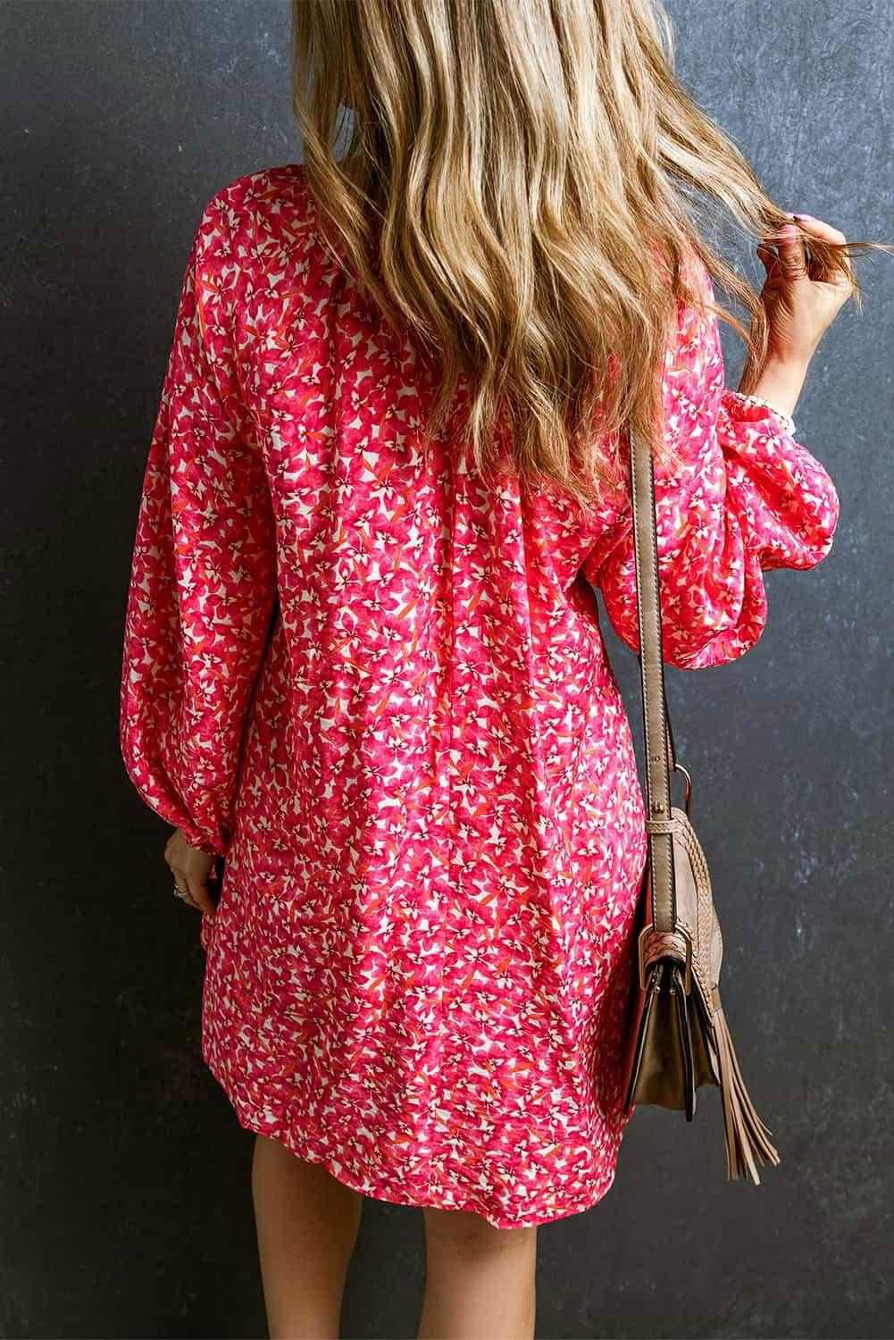 Neck Floral Print Long Sleeve Mini Dress - Chic & Comfortable 