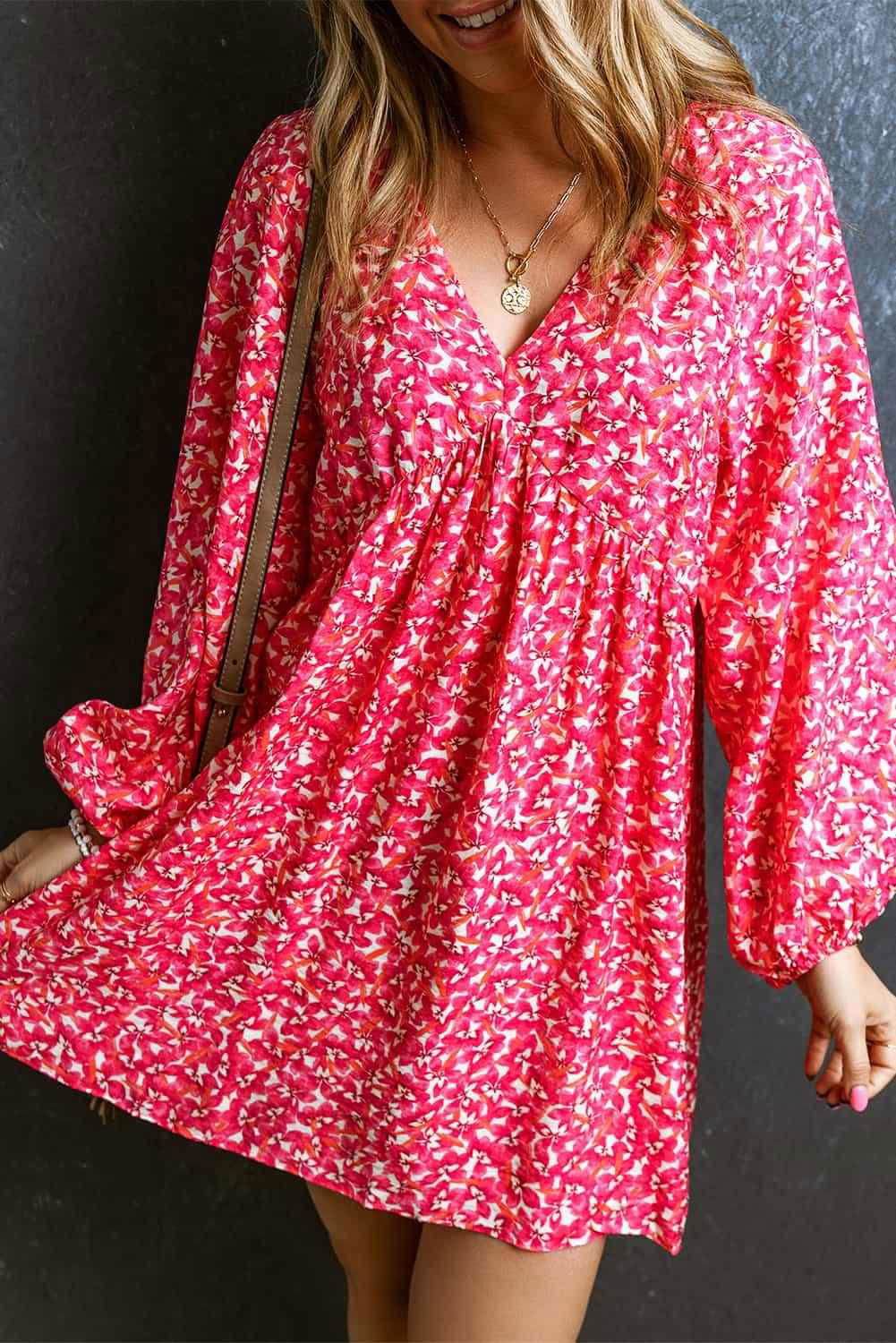 Neck Floral Print Long Sleeve Mini Dress - Chic & Comfortable 