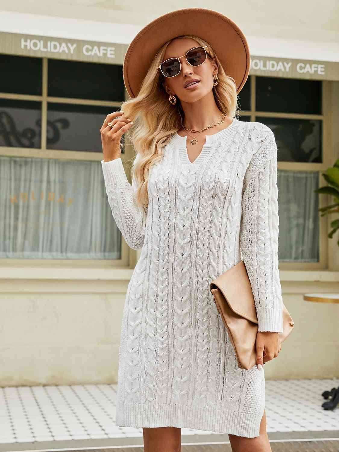 Notched Neck Cable-Knit Slit Sweater Dress - Vesteeto