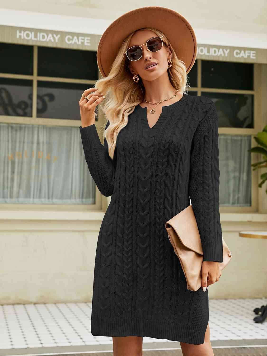 Notched Neck Cable-Knit Slit Sweater Dress - Vesteeto