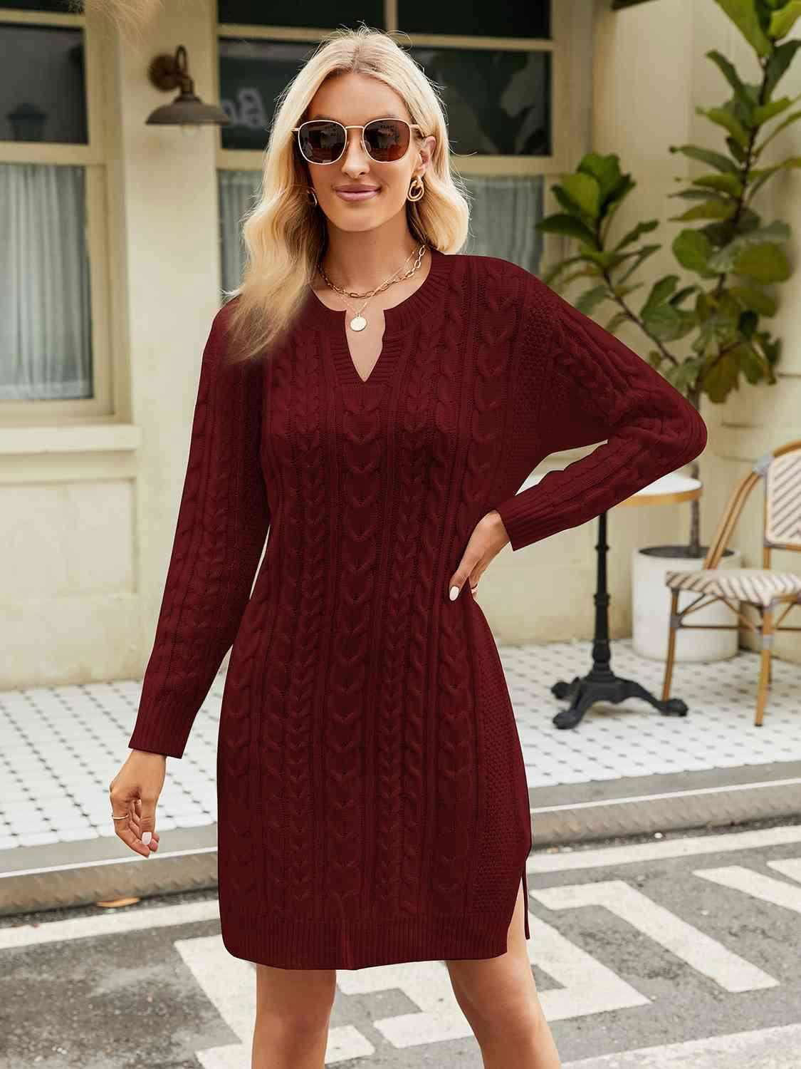 Notched Neck Cable-Knit Slit Sweater Dress - Vesteeto