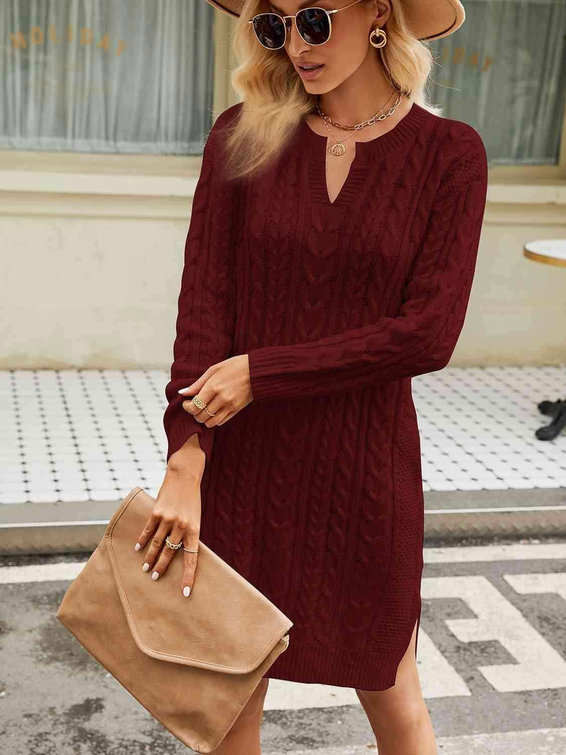 Notched Neck Cable-Knit Slit Sweater Dress - Vesteeto