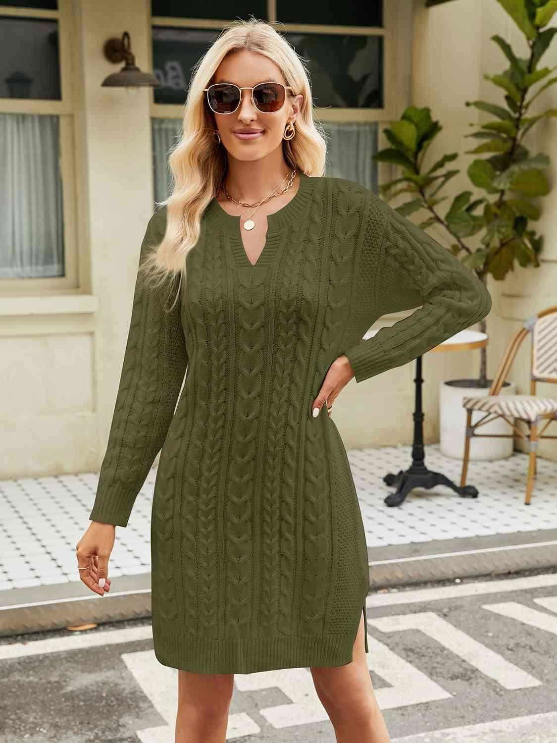 Notched Neck Cable-Knit Slit Sweater Dress - Vesteeto