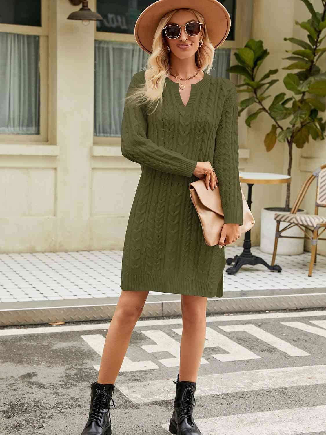 Notched Neck Cable-Knit Slit Sweater Dress - Vesteeto