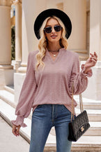 Notched Neck Flounce Sleeve Blouse - Vesteeto