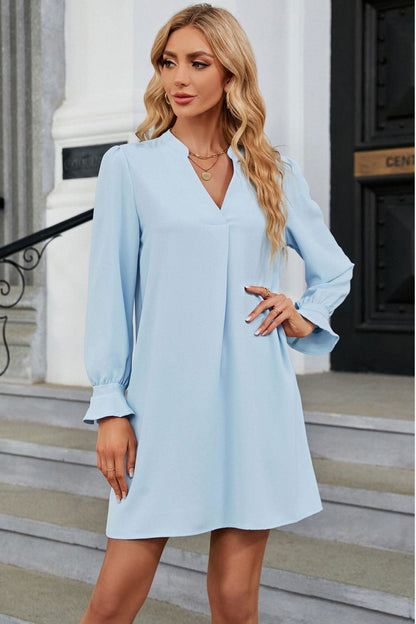 Notched Neck Flounce Sleeve Mini Dress - Vesteeto