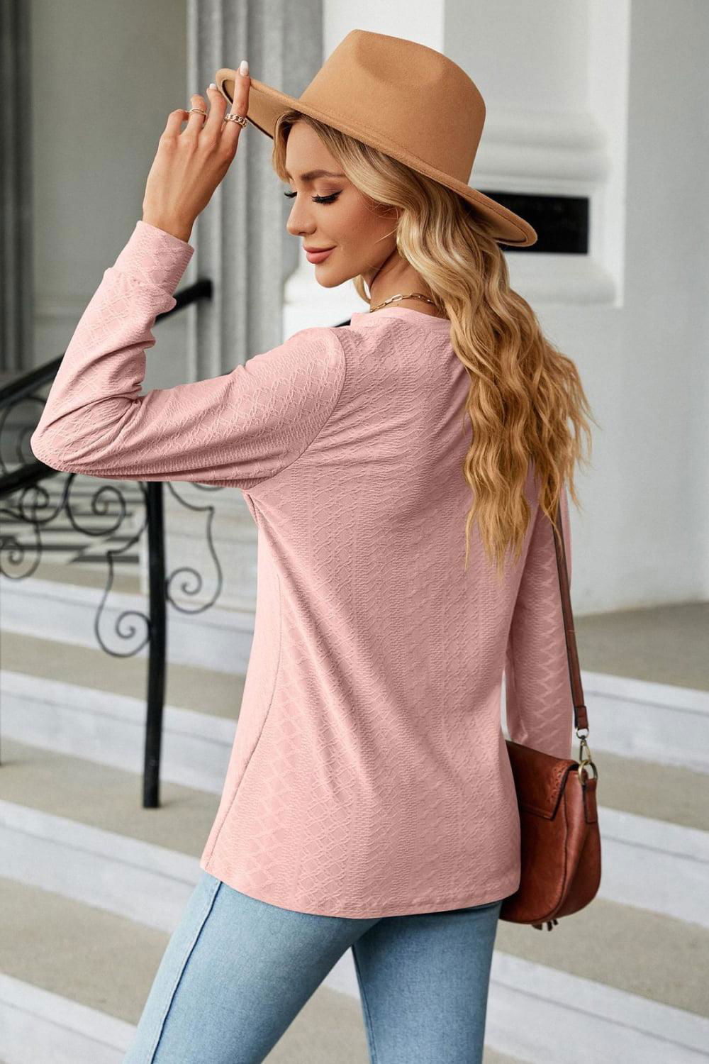 Notched Neck Long Sleeve Buttoned Blouse - Vesteeto