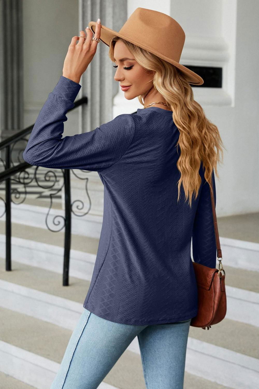 Notched Neck Long Sleeve Buttoned Blouse - Vesteeto