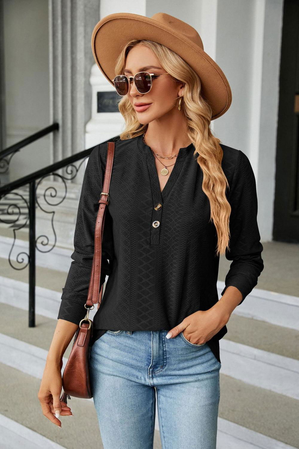 Notched Neck Long Sleeve Buttoned Blouse - Vesteeto