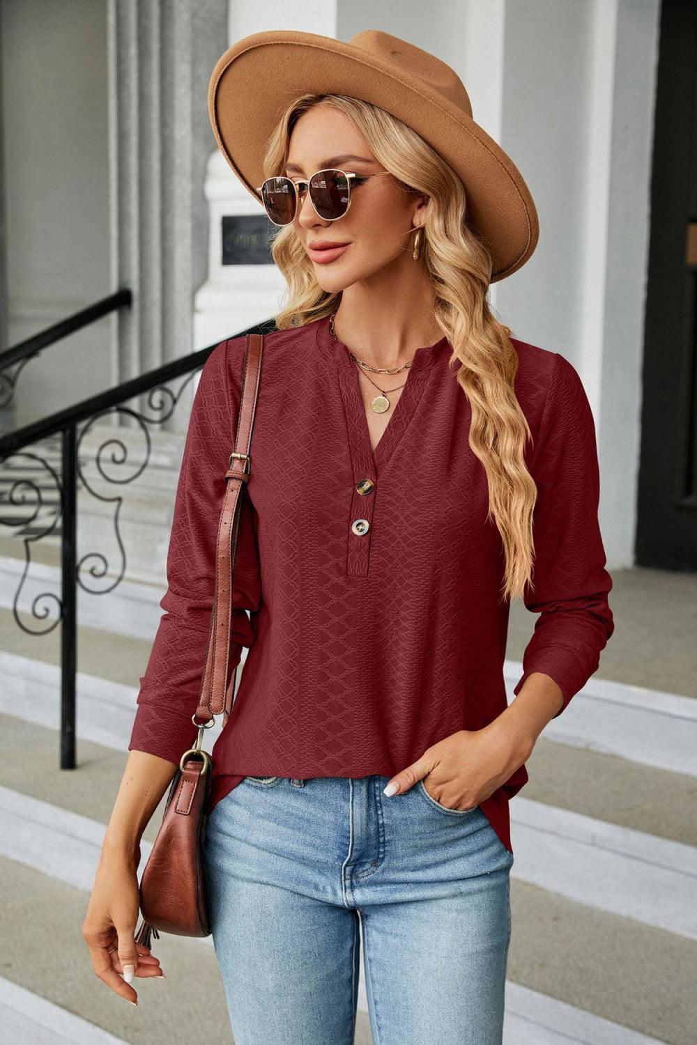 Notched Neck Long Sleeve Buttoned Blouse - Vesteeto