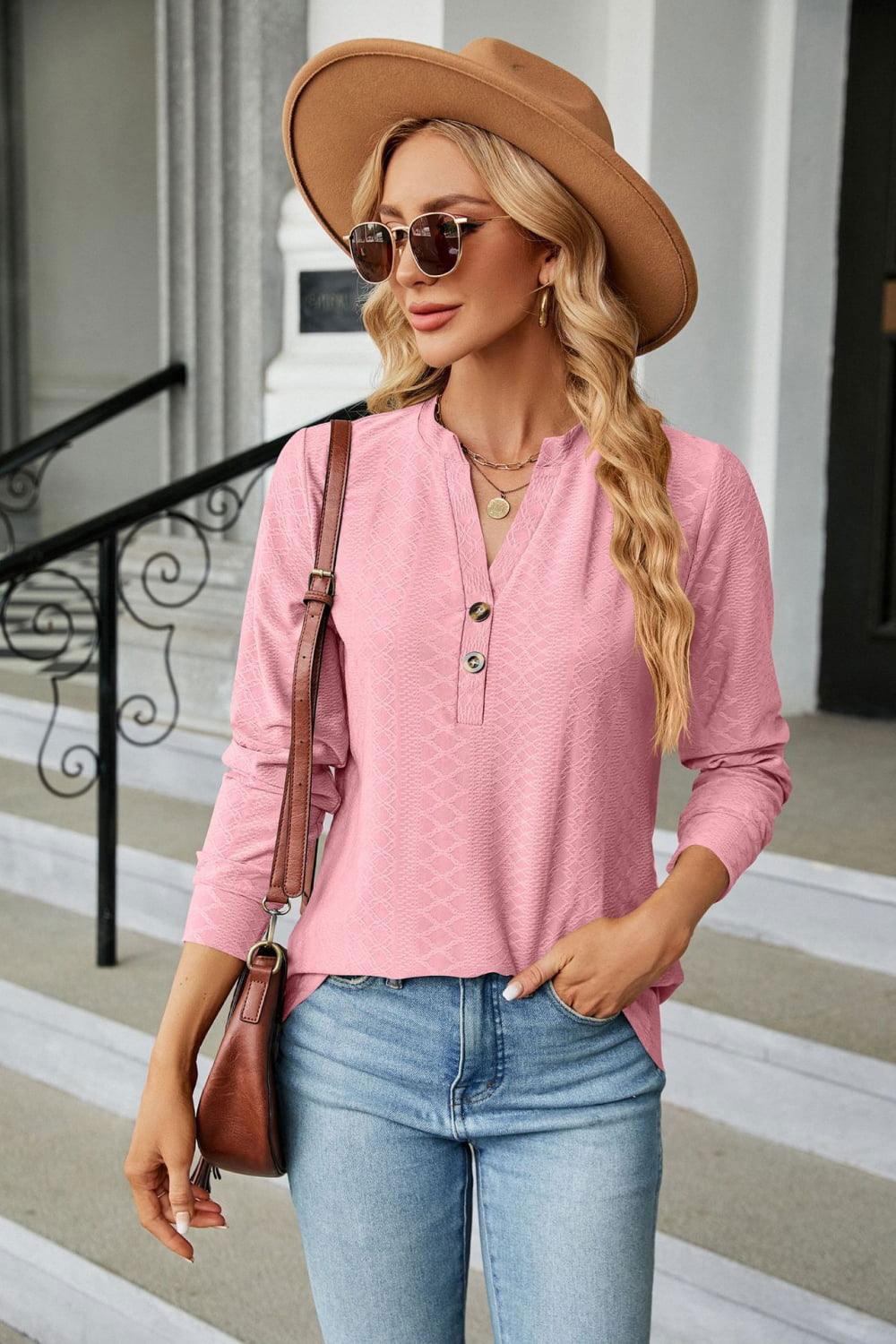 Notched Neck Long Sleeve Buttoned Blouse - Vesteeto