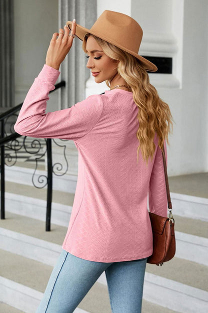 Notched Neck Long Sleeve Buttoned Blouse - Vesteeto