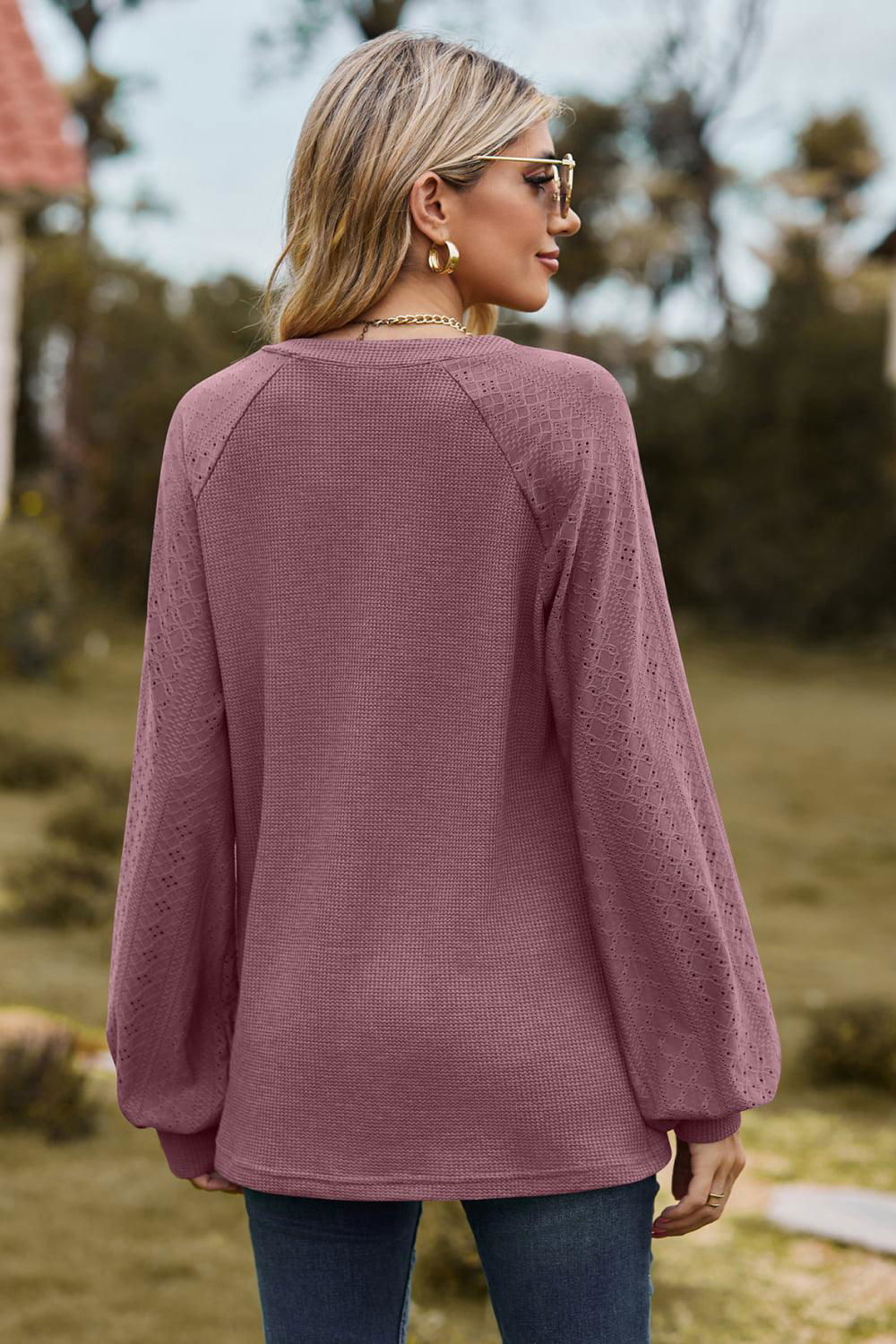 Notched Neck Raglan Sleeve Blouse - Vesteeto