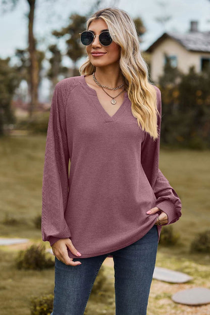 Notched Neck Raglan Sleeve Blouse - Vesteeto