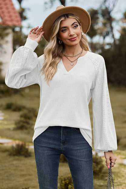 Notched Neck Raglan Sleeve Blouse - Vesteeto