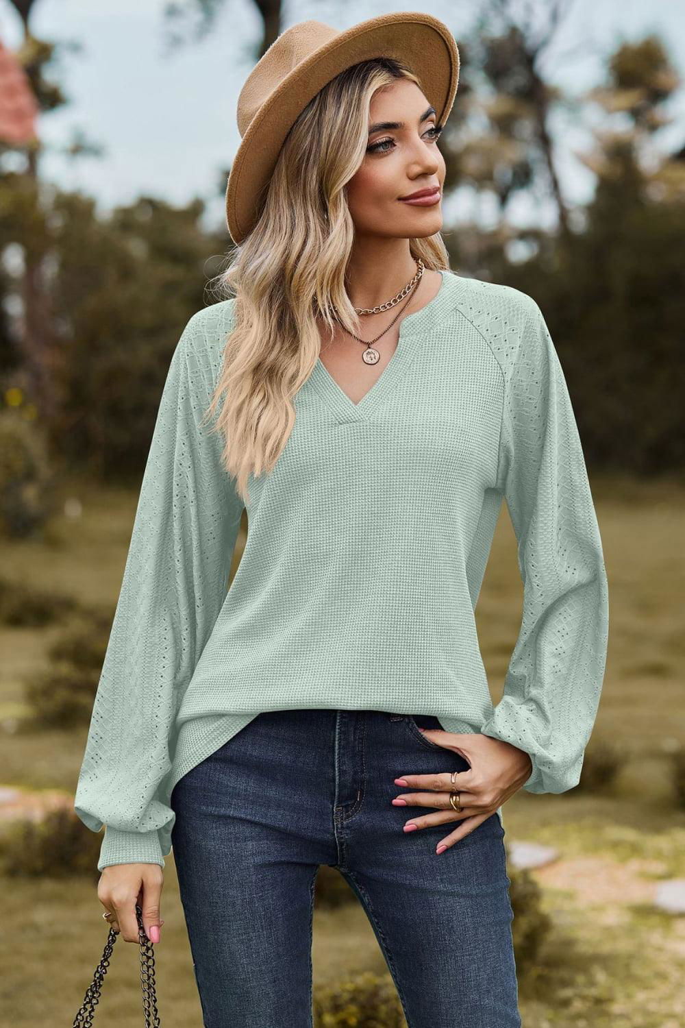 Notched Neck Raglan Sleeve Blouse - Vesteeto