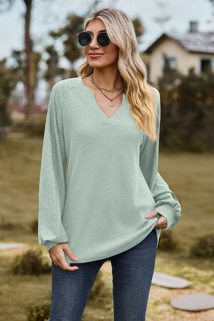 Notched Neck Raglan Sleeve Blouse - Vesteeto