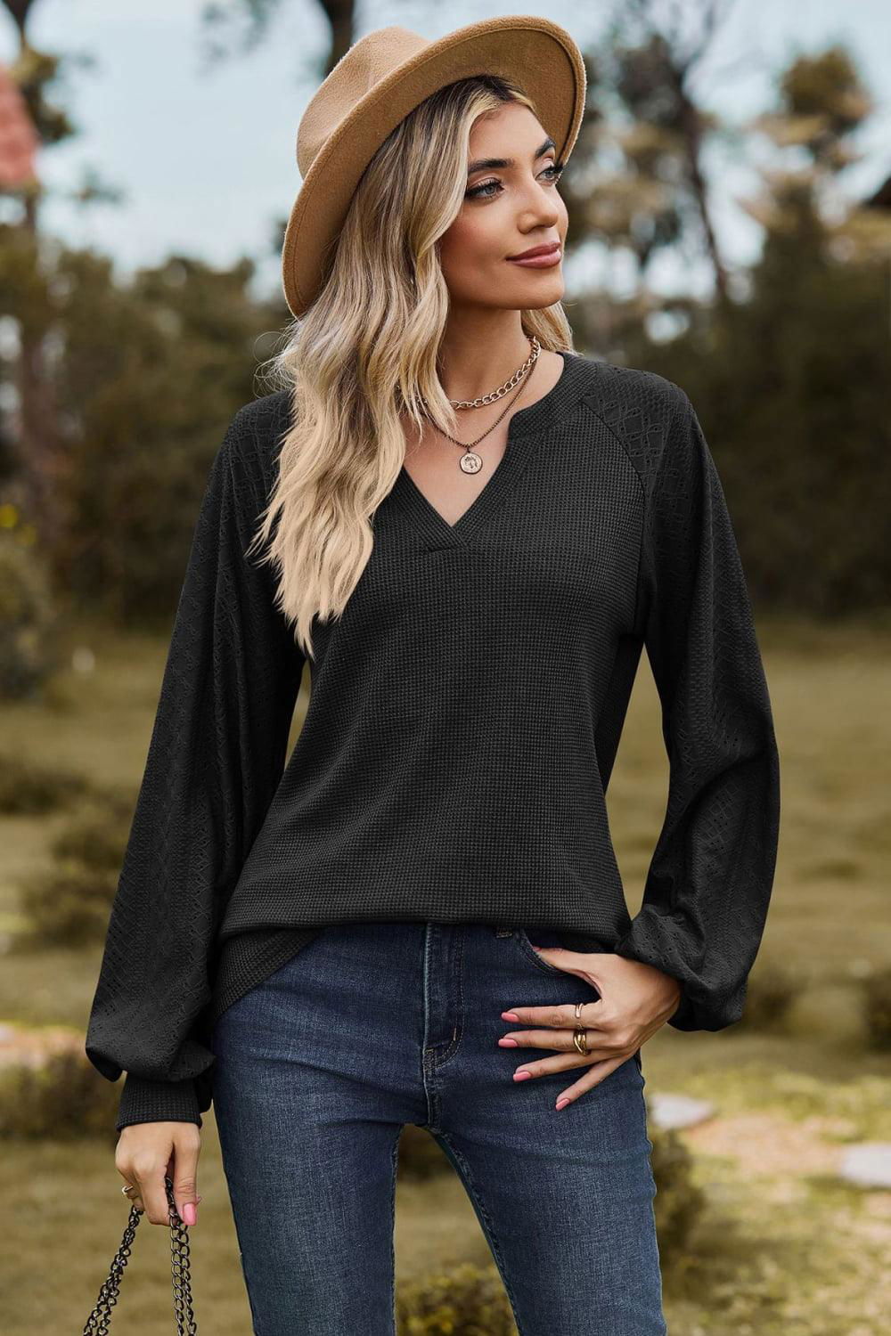 Notched Neck Raglan Sleeve Blouse - Vesteeto