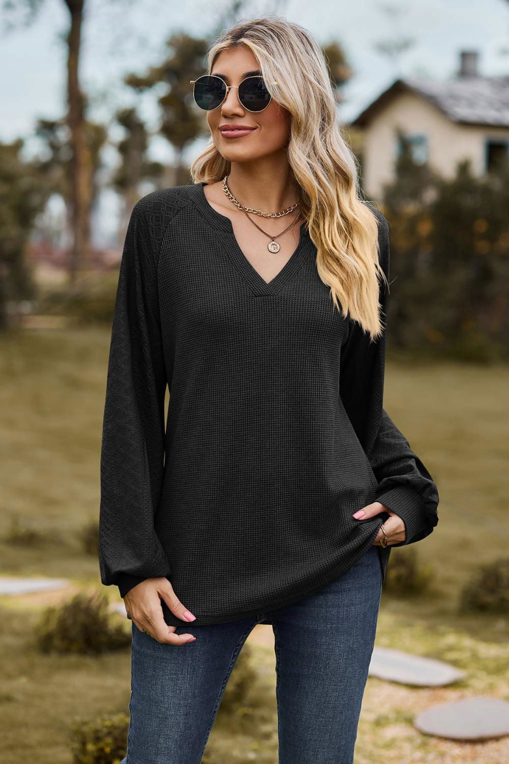 Notched Neck Raglan Sleeve Blouse - Vesteeto