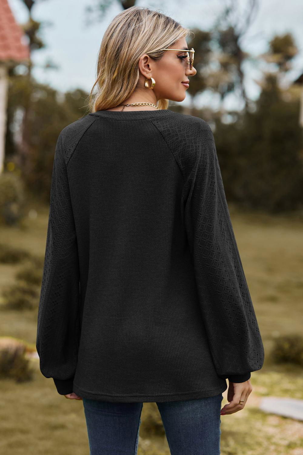 Notched Neck Raglan Sleeve Blouse - Vesteeto