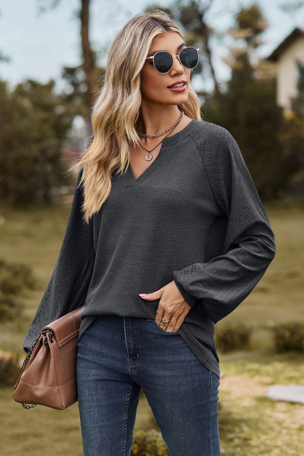 Notched Neck Raglan Sleeve Blouse - Vesteeto