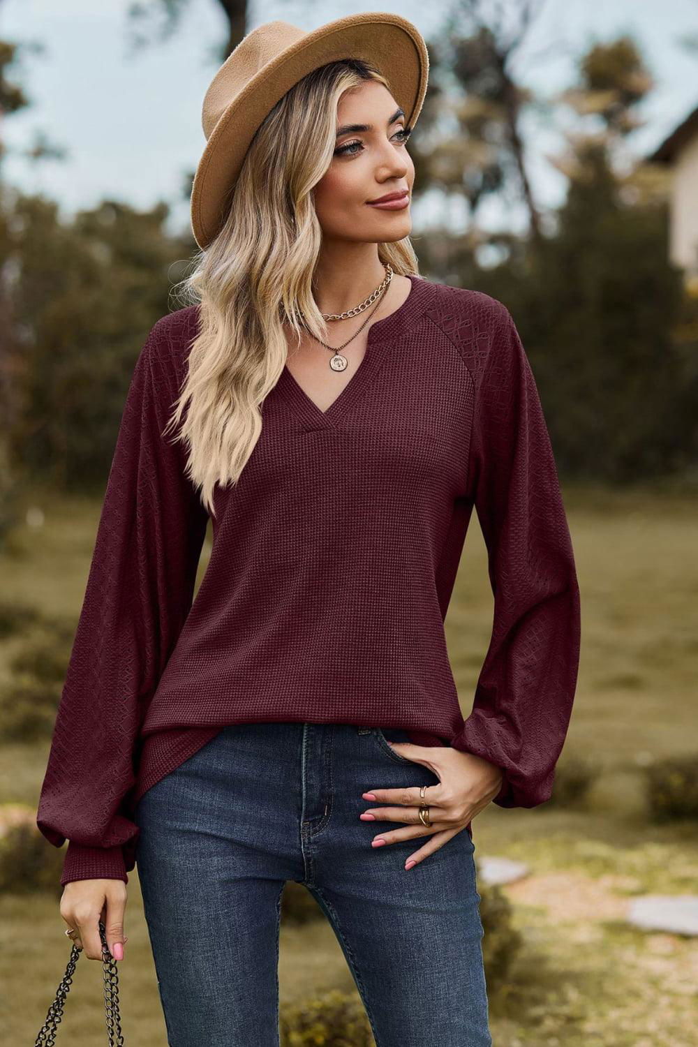 Notched Neck Raglan Sleeve Blouse - Vesteeto