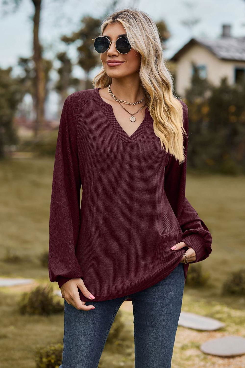 Notched Neck Raglan Sleeve Blouse - Vesteeto