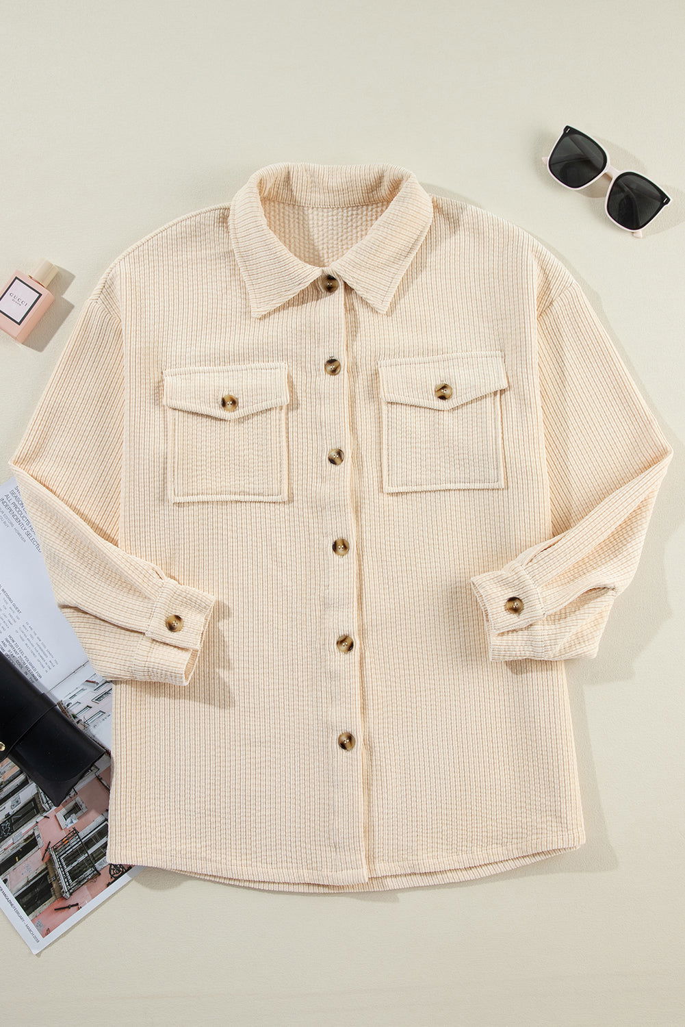 Oatmeal Corduroy Flap Pocket Button Up Shacket - Vesteeto