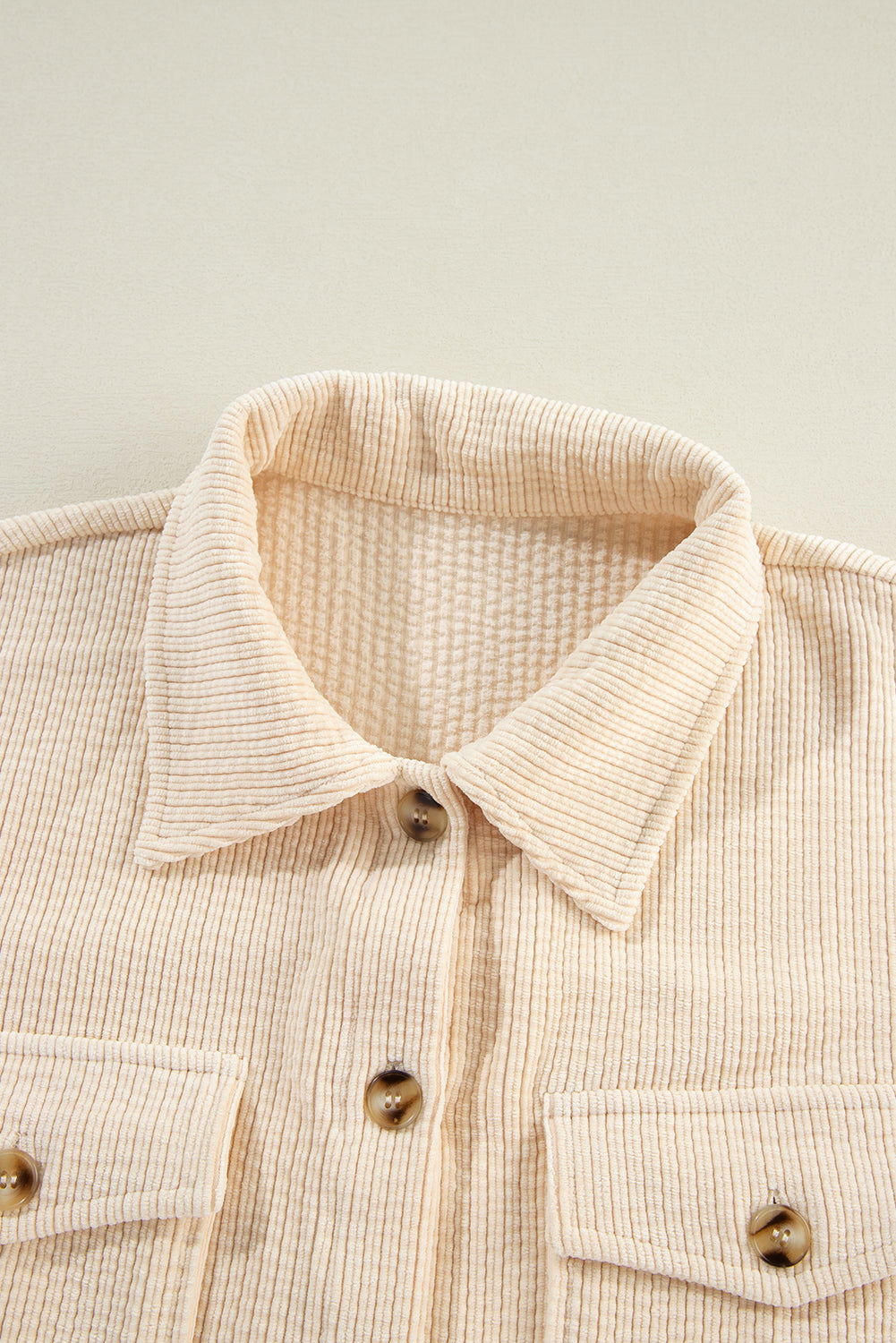 Oatmeal Corduroy Flap Pocket Button Up Shacket - Vesteeto