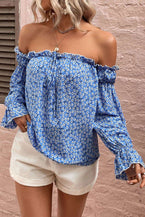 Off Shoulder Printed Frill Trim Blouse - Vesteeto