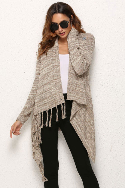 One-Button Tassel Tie Asymmetrical Hem Cardigan - Vesteeto