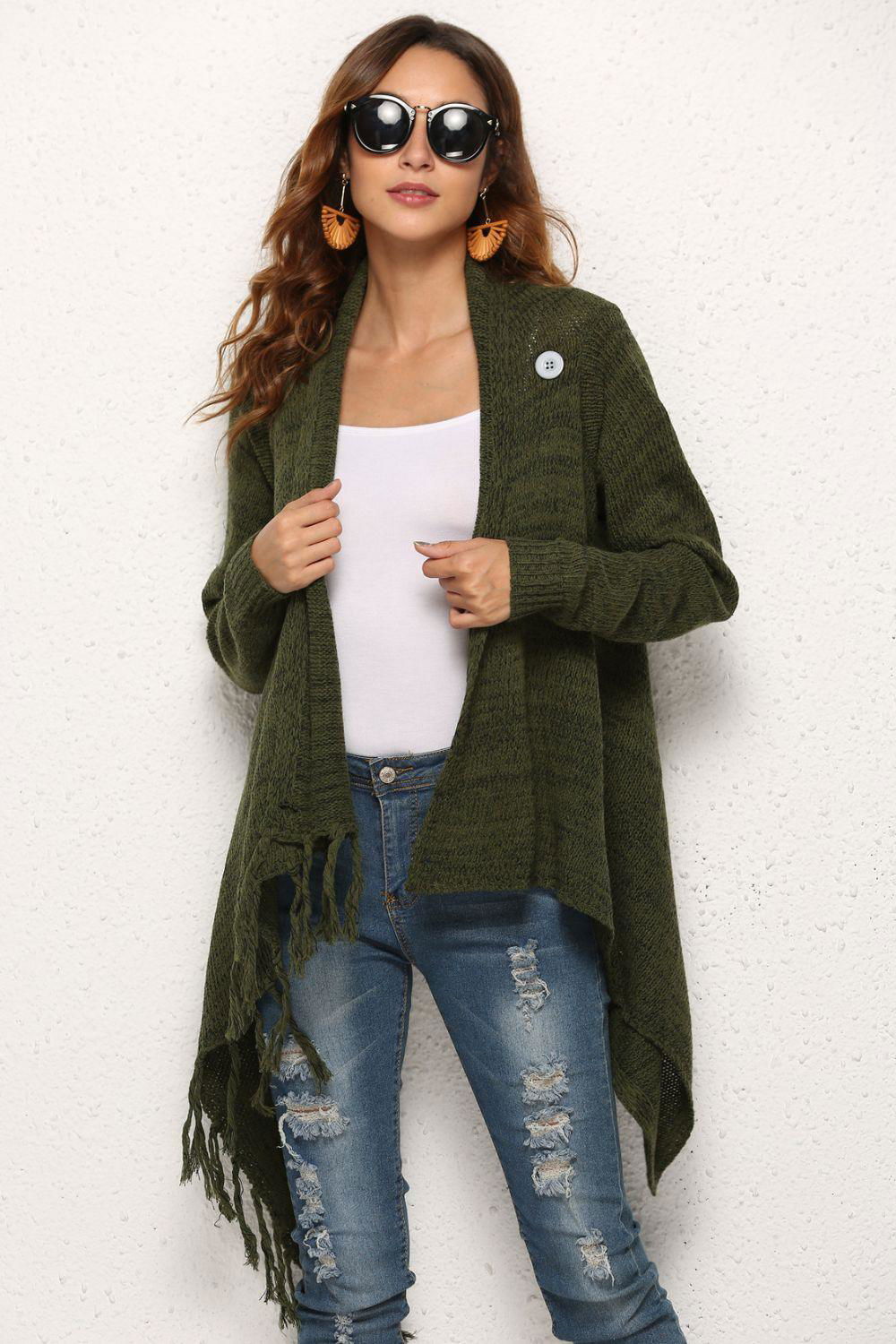 One-Button Tassel Tie Asymmetrical Hem Cardigan - Vesteeto