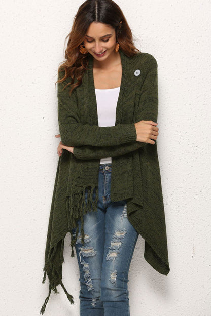 One-Button Tassel Tie Asymmetrical Hem Cardigan - Vesteeto