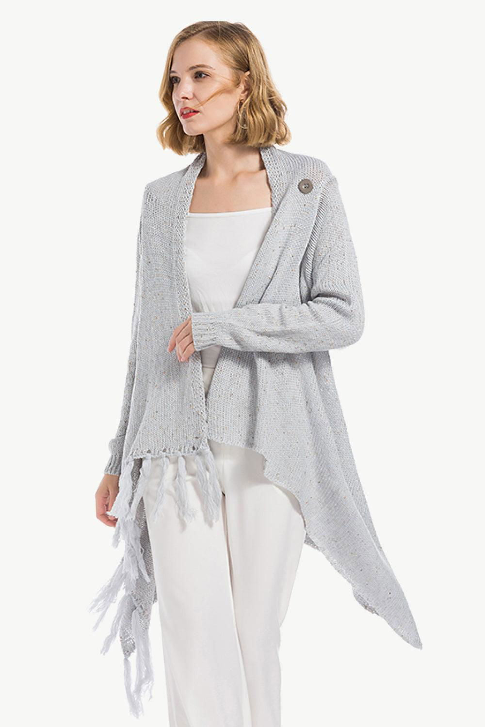 One-Button Tassel Tie Asymmetrical Hem Cardigan - Vesteeto