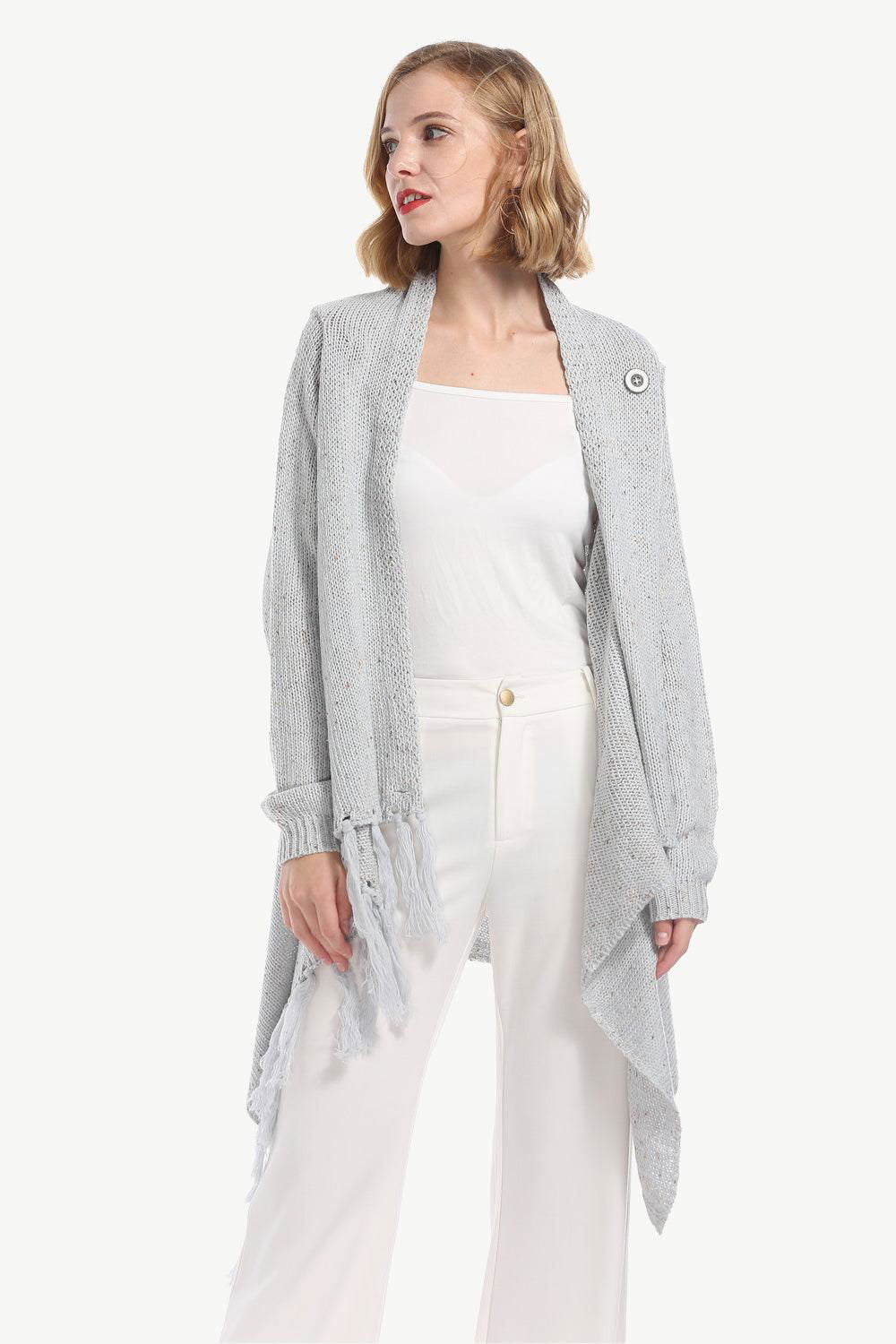 One-Button Tassel Tie Asymmetrical Hem Cardigan - Vesteeto